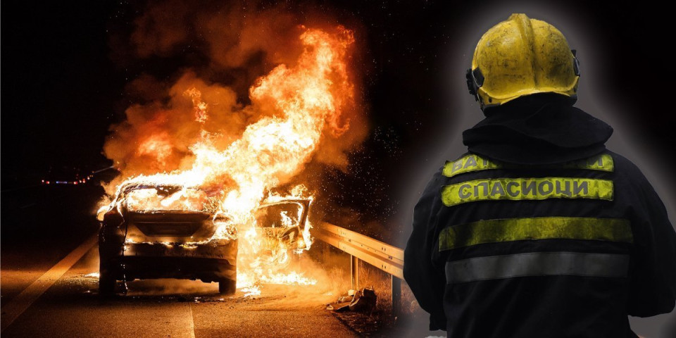 Bukti požar na obilaznici kod Surčina: Plamen progutao automobil (VIDEO)